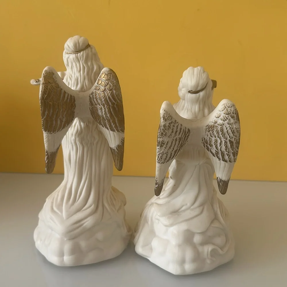 Set of 2 White Ceramic Angel Figurines w/ Harp and Violin Table Décor Sculptures